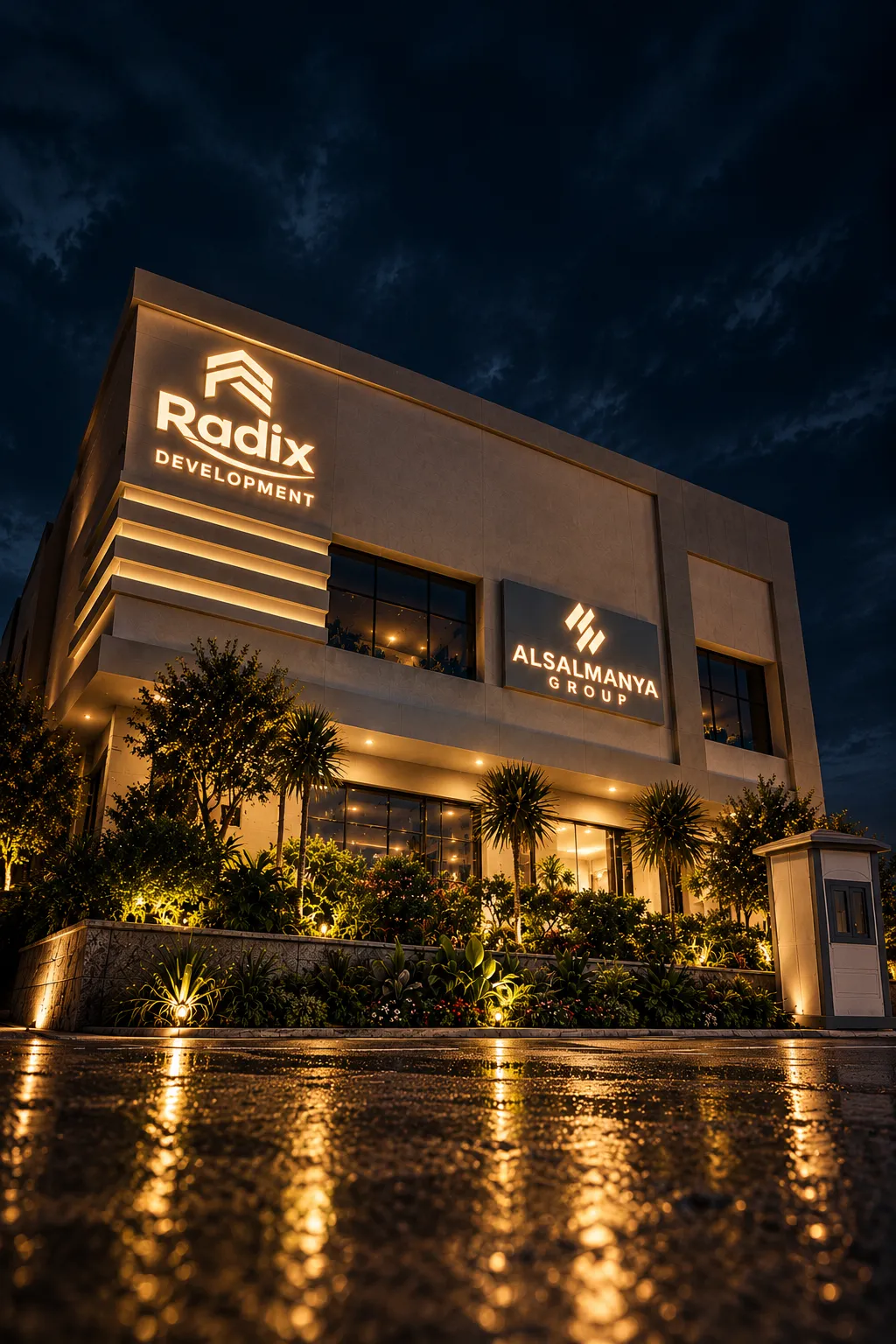 Radix Development headquarters on a rainy night